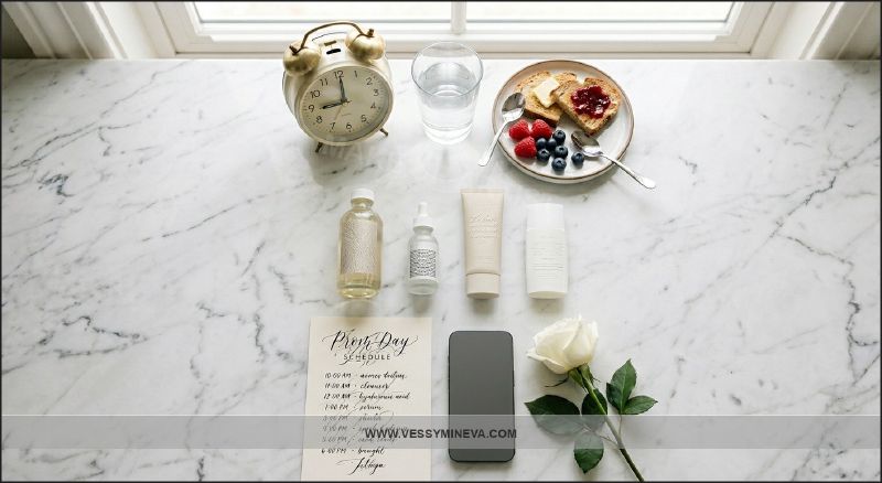 Prom day organization — accessories laid out and an hour-by-hour plan
