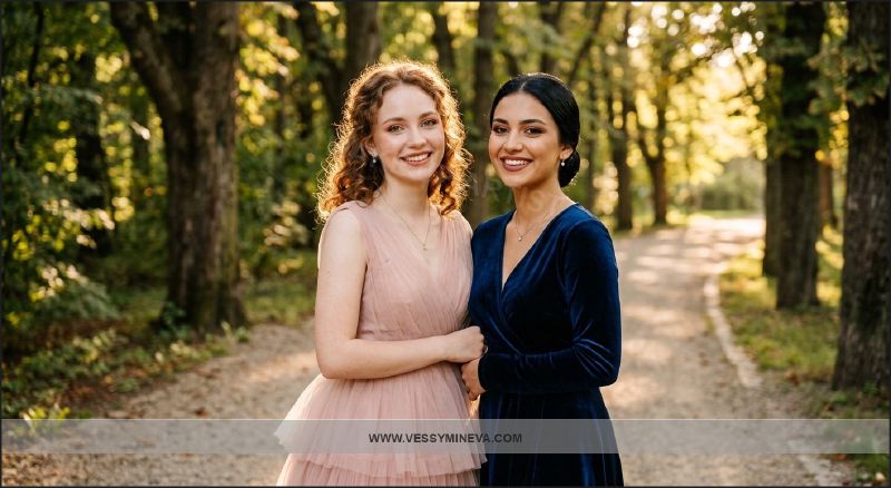 Two prom-goers in a park at sunset — a photo moment before the big evening