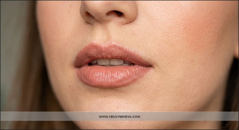 Detail of soft prom lips — natural pink and hydrated texture
