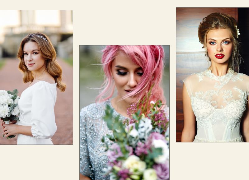 Different bridal makeup styles — soft glam, full glam, classic and natural