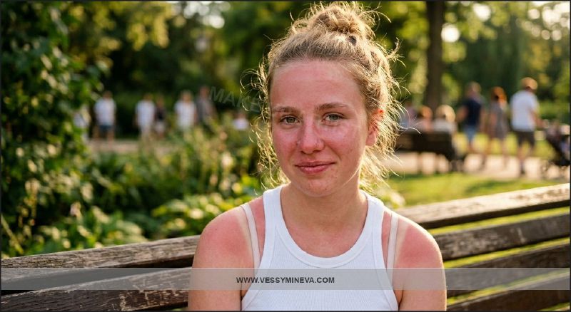 Sunburn before prom makeup — reddened skin with visible tan lines from a T-shirt