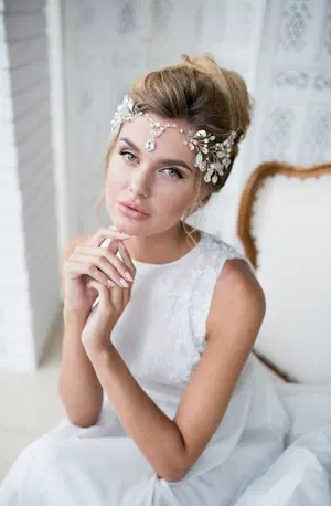 Wedding makeup — romantic look with crystal bridal hair accessory